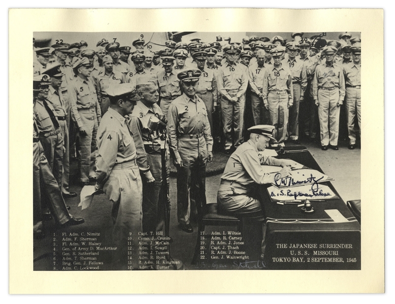 WWII Admiral Chester Nimitz Signed Photograph -- Showing Nimitz Signing the Japanese Surrender Aboard the USS Missouri