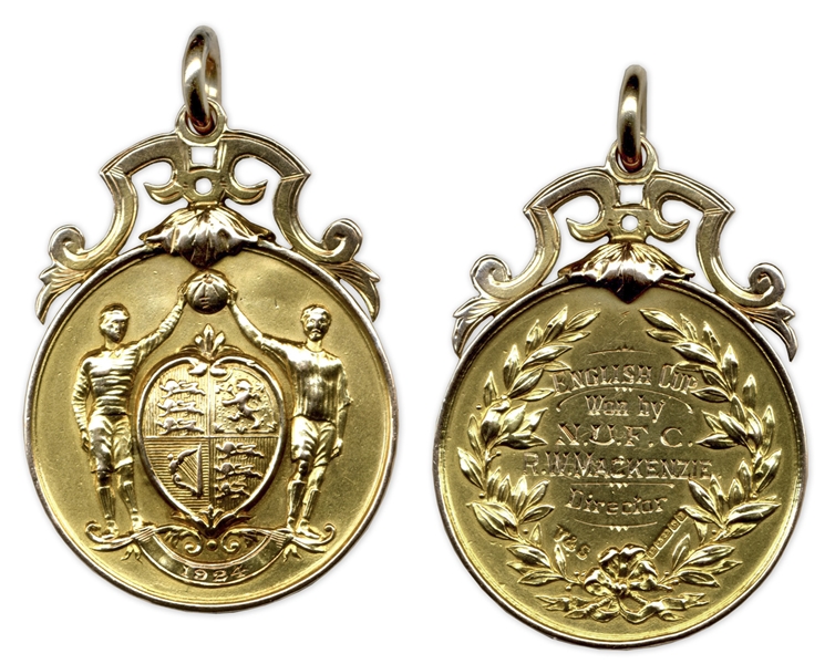 F.A. Cup Gold Winner's Medal Awarded to Newcastle United for the Famous ''Rainy Day Final'' in 1924 -- Accompanied by Two Original Team Photographs