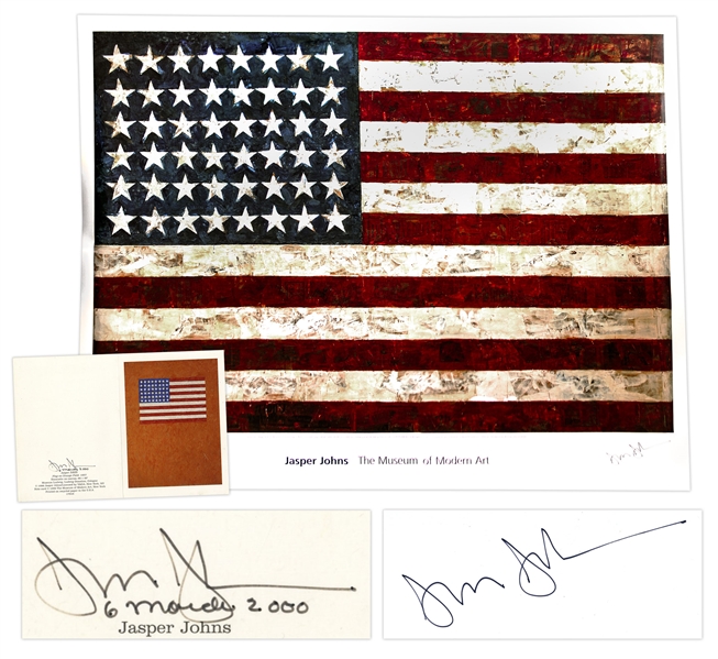 Jasper Johns Signed 38'' x 40'' Poster of His Famous ''Flag'' Painting -- With Additional Postcard Signed by Johns