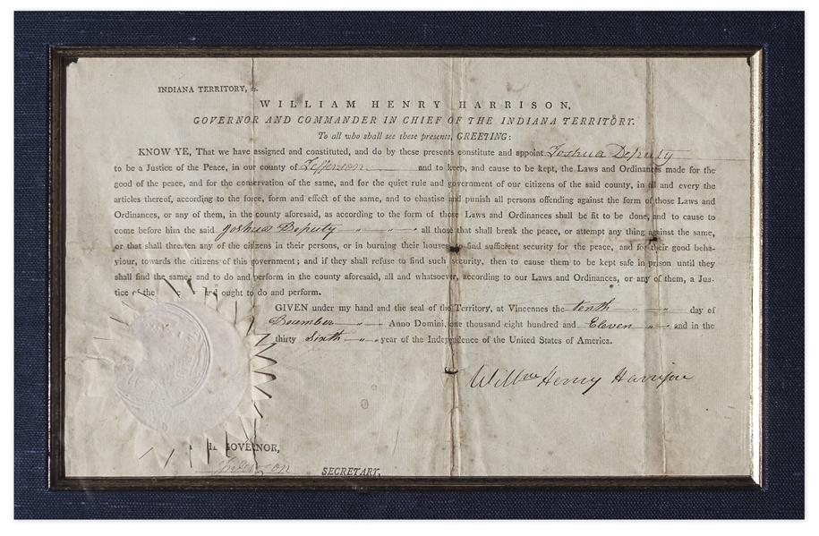 William Henry Harrison Document Signed as Governor of the Indiana Territory in 1811