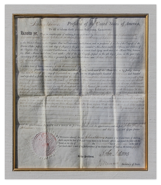 John Adams Document Signed as President in 1801 & Countersigned by John Marshall -- Adams Grants Land to Two Revolutionary War Soldiers With a Large, Bold Signature