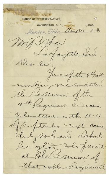 James Garfield Autograph Letter Signed in 1880 -- ''...I should be glad to be present at the reunion of that noble regiment which did such gallant service...''
