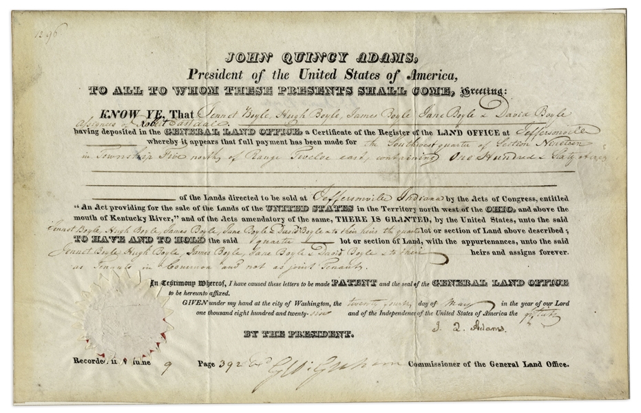 John Quincy Adams Land Grant Signed as President in 1826