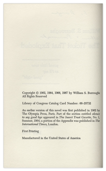 William S. Burroughs Signed First Printing of ''The Ticket That Exploded''