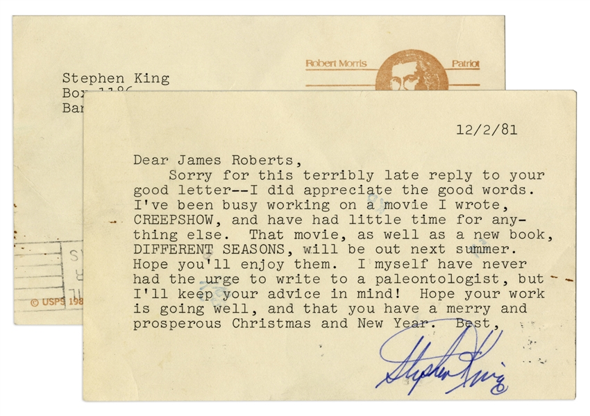 Stephen King Letter Signed From 1981 -- ''...I've been busy working on a movie I wrote, 'Creepshow'...That movie, as well as a new book, 'Different Seasons' will be out next summer...''