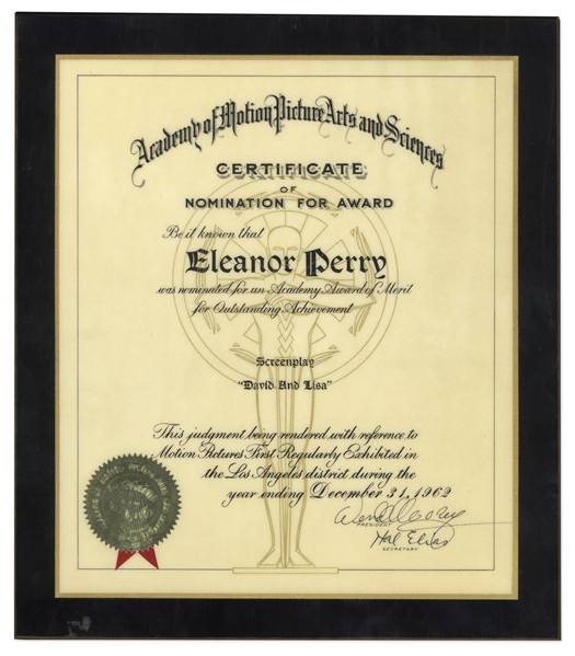 Academy Award Nomination Plaque Awarded to Screenwriter Eleanor Perry for ''David and Lisa''