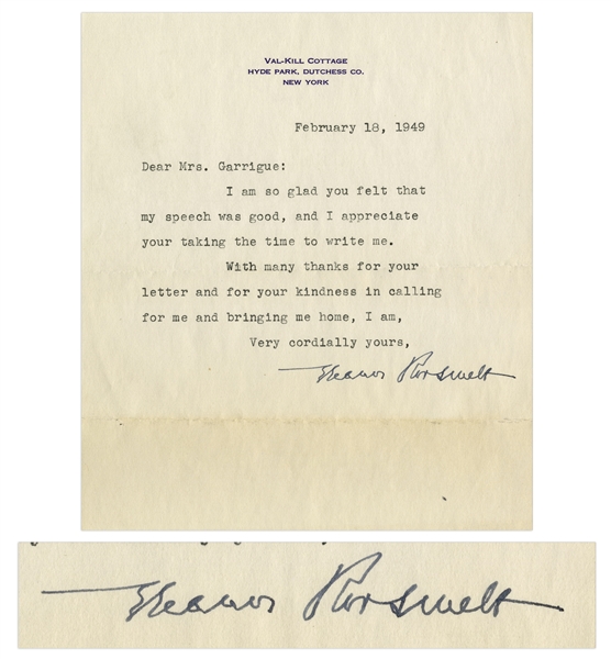 Eleanor Roosevelt Typed Letter Signed -- Sent From Hyde Park in 1949 -- ''...I am so glad you felt that my speech was good...''
