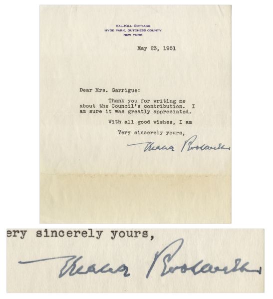 Eleanor Roosevelt Typed Letter Signed From Hyde Park -- ''...Thank you for writing me about the Council's contribution...''