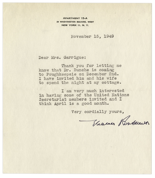 Eleanor Roosevelt Typed Letter Signed Regarding Nobel Peace Prize Winner Dr. Ralph Bunche