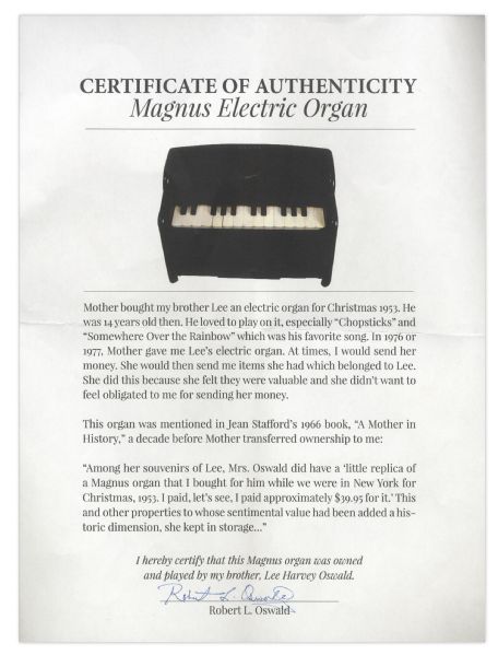 Lee Harvey Oswald Personally Owned Organ Used as a Child -- With COA From Oswald's Brother Robert