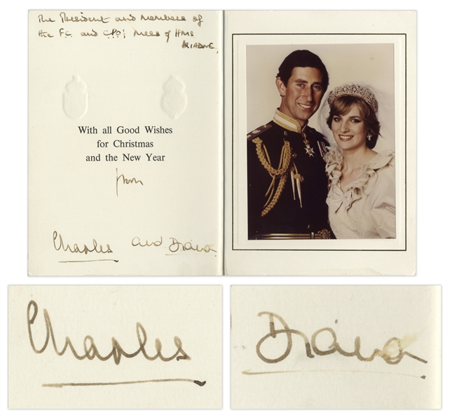 Prince Charles & Princess Diana Signed Christmas Card From 1981, Their First Year as a Married Couple -- Also With Handwritten Note by Diana