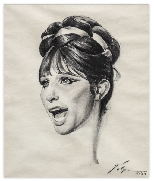 Nicholas Volpe Charcoal Sketch of Barbra Streisand in ''Funny Girl'' -- Volpe Was Commissioned by the Academy to Draw Portraits Each Year of the Best Actor & Actress Oscar Winners
