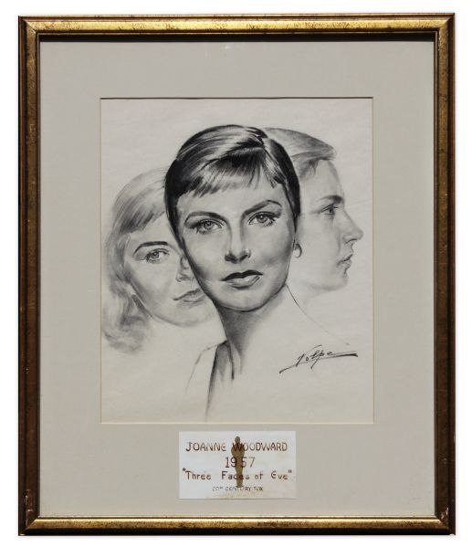 Nicholas Volpe Charcoal Sketch of Joanne Woodward in ''Three Faces of Eve'' -- Volpe Was Commissioned by the Academy to Draw Portraits Each Year of the Best Actor & Actress Oscar Winners