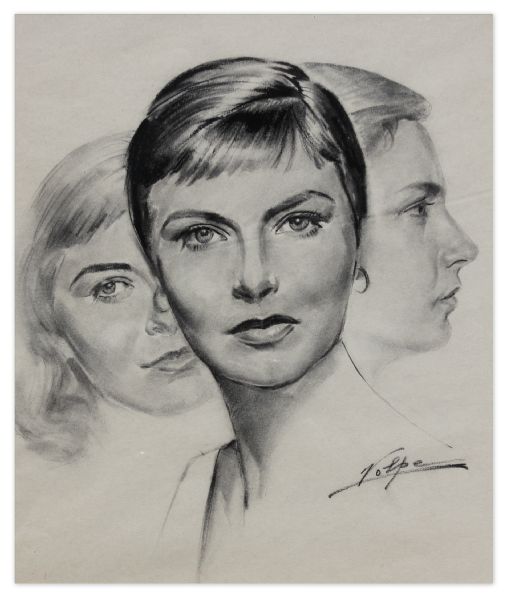 Nicholas Volpe Charcoal Sketch of Joanne Woodward in ''Three Faces of Eve'' -- Volpe Was Commissioned by the Academy to Draw Portraits Each Year of the Best Actor & Actress Oscar Winners