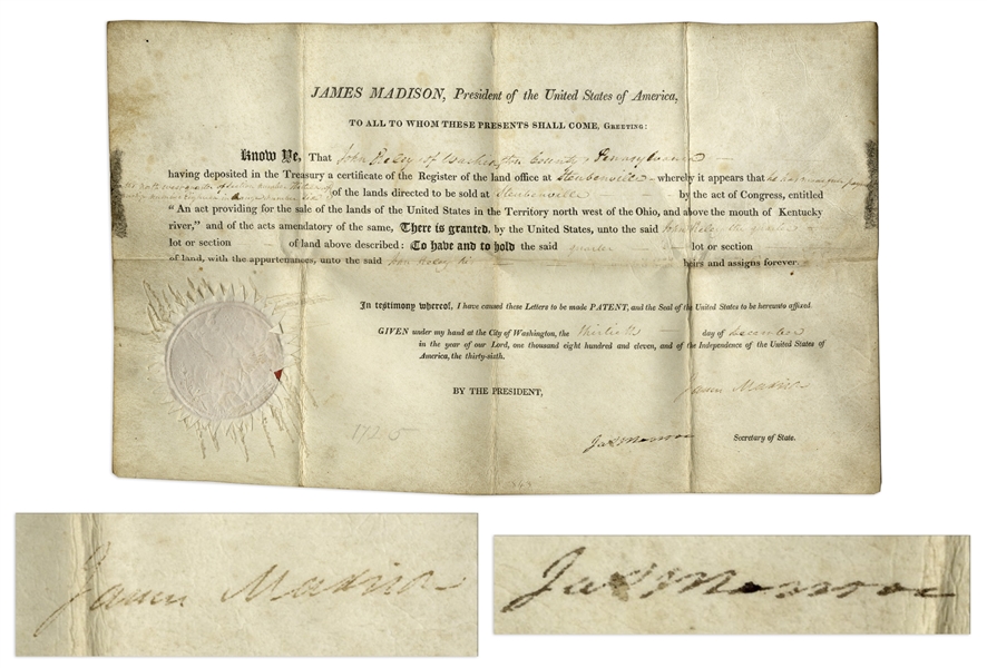 James Madison Land Grant Signed as President in 1811, Countersigned by James Monroe as Secretary of State -- With COA From JSA