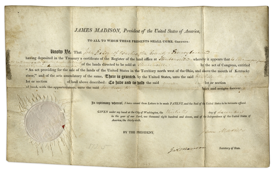 James Madison Land Grant Signed as President in 1811, Countersigned by James Monroe as Secretary of State -- With COA From JSA