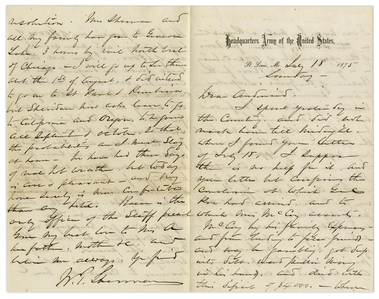 William T. Sherman Autograph Letter Signed -- ''...may be gambling, got deep into debt, used public money in his hand...I spoke to him several times about the expenses of his public accounts...''