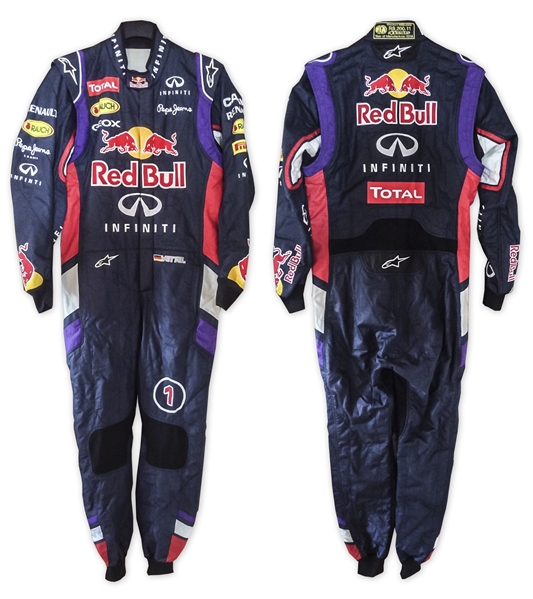Sebastian Vettel Race-Worn Suit -- Worn During 2014 Formula One Season -- Vettel Won Four Consecutive Formula One Championships From 2010-2013