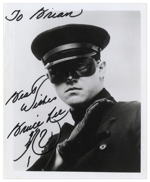 Bruce Lee Signed Photo From ''The Green Hornet'' -- Bruce Also Draws the ''Loong'' Character of the Dragon