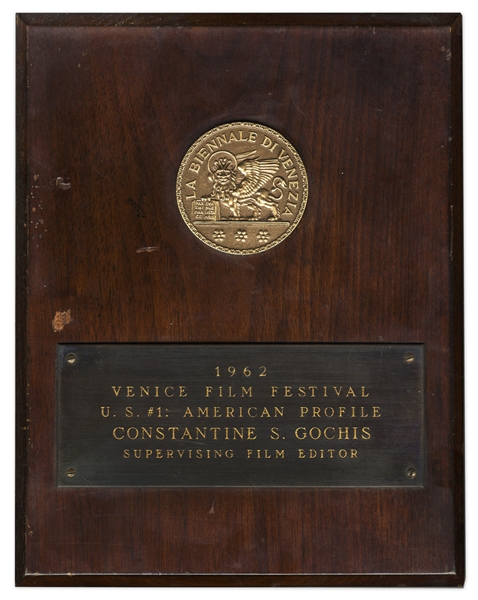 1962 Venice Film Festival Award Plaque -- Given for Excellence in Editing for ''U.S. #1: American Profile''