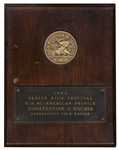 1962 Venice Film Festival Award Plaque -- Given for Excellence in Editing for U.S. #1: American Profile