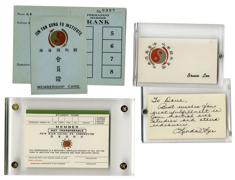 Trio of Bruce Lee Martial Arts Cards From the Jun Fan Gung Fu Institute in Seattle -- Membership Card, Membership Booklet and Bruce Lee's Business Card Signed by Linda Lee on Verso