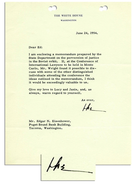Dwight D. Eisenhower Typed Letter Signed as President -- ''...the perversion of justice in the Soviet orbit...''