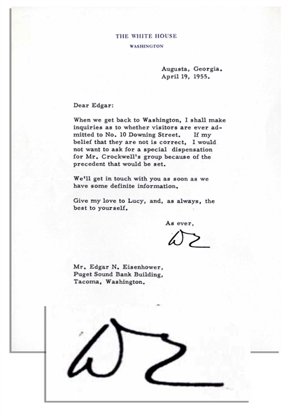 Dwight Eisenhower Presidential Typed Letter Signed From 1955 -- ''...I shall make inquiries as to whether visitors are ever admitted to No. 10 Downing Street...''