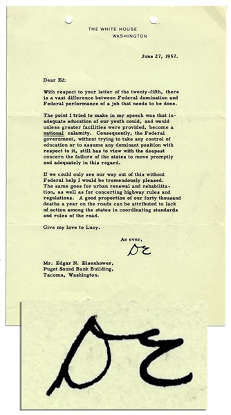 Dwight D. Eisenhower 1957 Typed Letter Signed as President -- ''...inadequate education of our youth could, and would unless greater facilities were provided, become a national calamity...''