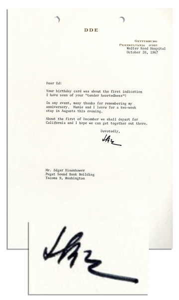 Dwight Eisenhower Signed Letter Sent From the Hospital -- ''...the first indication I have seen of your 'tender heartedness'!...'' -- 1967