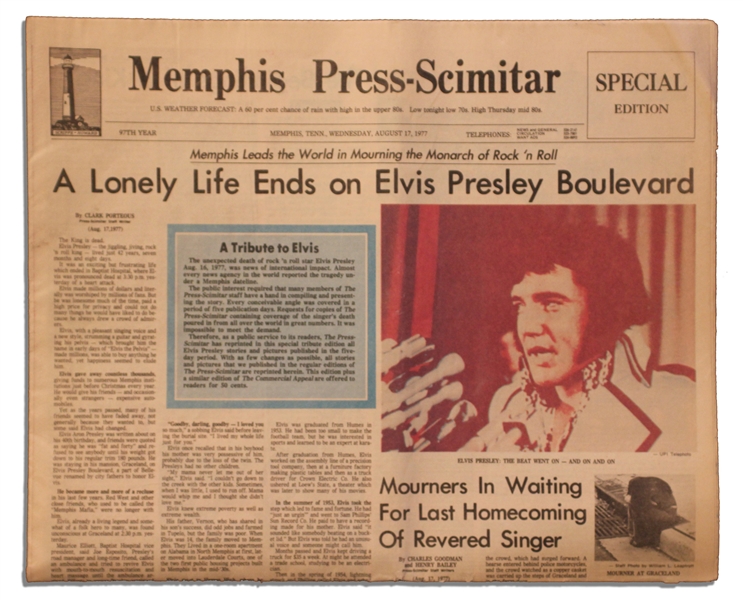 Elvis Presley Newspaper on His Death -- Special Edition From Memphis, Elvis' Hometown, Following His 16 August 1977 Death