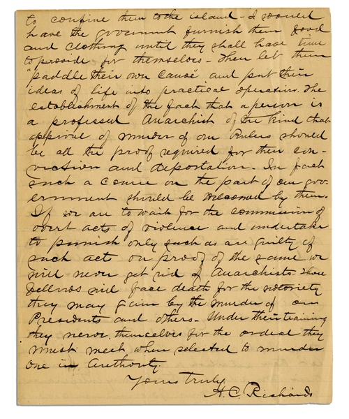 Letter Regarding the Assassinations of Presidents Lincoln & McKinley -- ''...anarchists...will face death for the notoriety they may gain by the murder of our Presidents and others...''