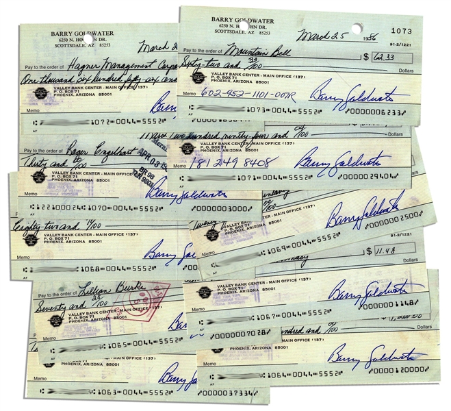 Lot of 10 Barry Goldwater Checks Signed --  From March 1986 While Senator From Arizona