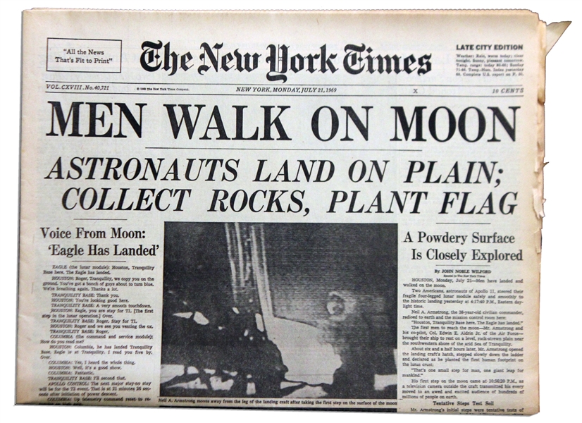 ''The New York Times'' Announces Feat of Human Achievement -- ''Men Walk On Moon'' -- 21 July 1969