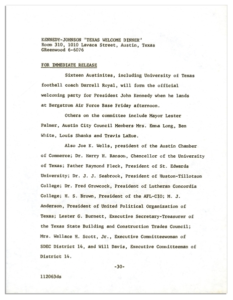 JFK Press Documents Promoting His Texas Welcome Dinner -- Scheduled the Night of his Assassination