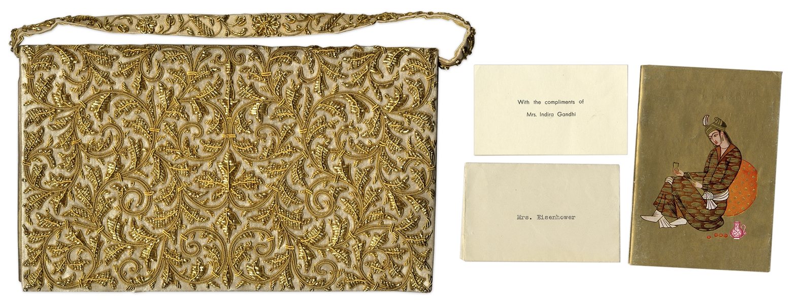 Mamie Eisenhower Personally Owned Gold Beaded Purse -- Given to the First Lady by Indira Gandhi on the Eisenhower's Historic Trip to India in 1959 -- With a Note Card From Indira Gandhi
