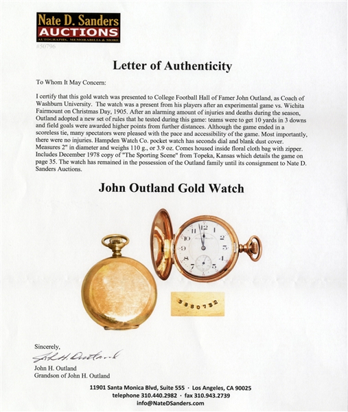 Gold Watch Given to College Football HOFer John Outland as Coach of Washburn -- Gift from Players After Experimental 1905 Game With New Football Rules -- With LOA From John Outland Estate