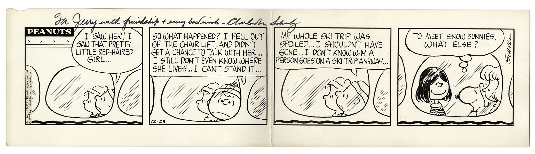 Charles Schulz Hand-Drawn & Inscribed ''Peanuts'' Comic Strip From 1969 -- Featuring Charlie Brown, Snoopy & the ''Pretty Little Red-Haired Girl''