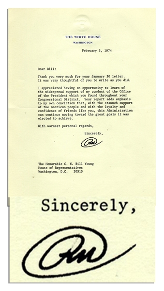 Richard Nixon Letter Signed as President in February 1974, in the Thick of Watergate -- ''...I appreciated...to learn of the widespread support of my conduct of the Office of the President...''