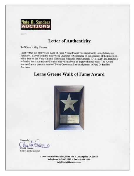 Lorne Greene Hollywood Walk of Fame Award -- For His Starring Roles on ''Bonanza'' and ''Battlestar Galactica'' -- With an LOA From His Estate