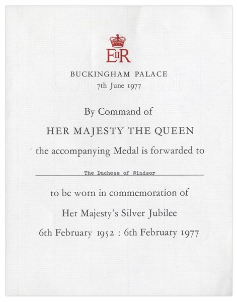 Duchess of Windsor Personally Owned Medallion Commemorating the Silver Jubilee of Queen Elizabeth II