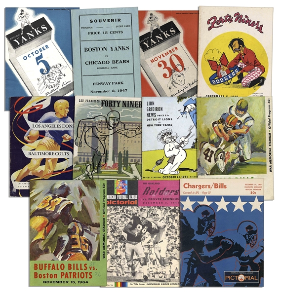 Lot of 11 Vintage Football Programs -- Ranging From 1947-1964 -- Yankees, Lions, Dons, Colts, Dodgers, 49ers, Patriots, Bills, Oilers, Broncos, Raiders, Chargers, Redskins & Bears