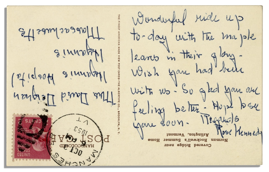 Rose Kennedy Autograph Postcard Signed -- Written From Vermont to Her Maid in Hyannisport in 1953