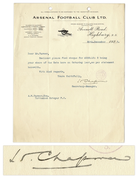 Herbert Chapman Typed Letter Signed -- On Arsenal Football Club Letterhead