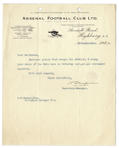 Herbert Chapman Typed Letter Signed -- On Arsenal Football Club Letterhead