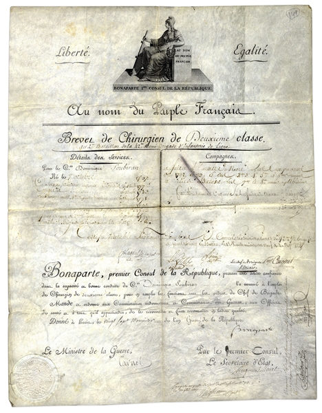 Napoleon Bonaparte Document Signed as First Consul -- With Napoleon's Personal Vignette to Top -- Countersigned by Lazare Carnot, ''Organizer of Victory'' of the French Revolution