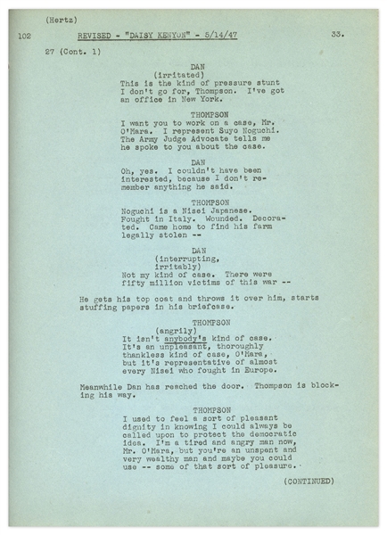Joan Crawford Personally Owned Film Script for ''Daisy Kenyon'' -- From Christie's Auction of Crawford's Estate
