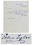 John Tyler Autograph Letter Signed -- Sent From Tylers Sherwood Forest Plantation in 1850