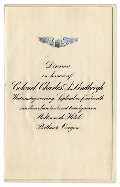 Charles Lindbergh Signed Program From Celebratory Dinner Held in Portland, Oregon on 14 September 1927 -- Four Months After His Trans-Atlantic Flight