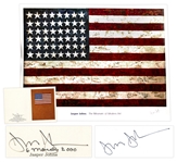 Jasper Johns Signed 38 x 40 Poster of His Famous Flag Painting -- With Additional Postcard Signed by Johns